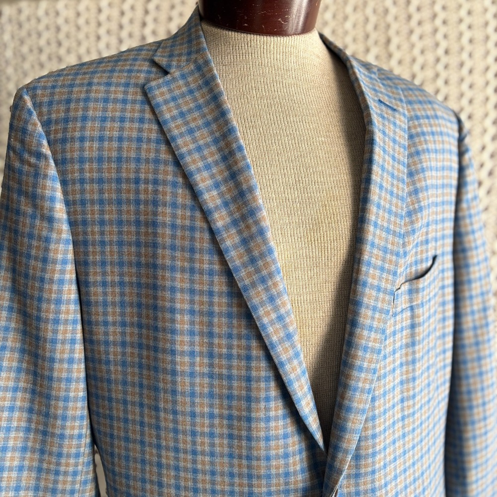 Bespoke Holland & Sherry Tom James Check Wool Sport‎ Coat Tailored Fit Blue 46L